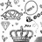 A static grayscale composition of multiple distinct pixelated icons including a crown, speech bubble with checkmark, star, and abstract shapes on white background.