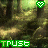 Green 'TRUST' text and heart symbols repeat across a forest background in a static pattern
