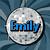 A circular silver disco ball icon with blue text "Emily" on the left, a solid blue bar in the center, and no visible text on the right