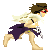 Pixel art character with brown hair and red eyes running in a sequence of , wearing purple skirt-like garment and white winged accessory
