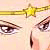 A pixelated close-up of a face with dark eyes, a yellow star-shaped object above, and a vertical dark line on the right side.