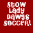 Four pixelated text in red, brown, yellow, and orange backgrounds with white 'stow lady dawgs soccer!' text