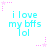 Pixelated cyan text "i love my bffs lol" repeated in a with pink star and dot accents on white background