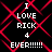 Pixelated text reads "I LOVE RICK 4 EVER!!!!!" over a black background with red geometric lines, repeated in four identical quadrants.