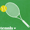 Pixelated tennis racket and ball on green background with 'tennis' text and small heart symbol below.