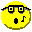 Yellow circular face with black glasses and mouth, displaying musical note symbols in various positions across frames.