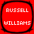 Four identical red square icons with rounded corners display "RUSSELL WILLIAMS" in white pixelated text, arranged in a on a solid red background