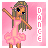 Pixel art of a girl in a pink dress dancing against a pink background with vertical 'DANCE' text.