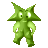 Pixelated green star-shaped figure with two large white eyes, small black pupils, and a neutral expression, standing against a solid gray background.