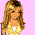 Pixel art contact sheet of a female character with long brown hair in various poses and outfits on pink background, including full-body shots, close-ups, and text elements.