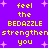 Purple background with yellow pixelated text repeating 'feel the BEDAZZLE strengthen you' and small white star shapes scattered throughout.
