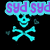 Pixelated cyan skull and crossbones with purple text reading 'syd syd' in a light blue speech bubble above, on black background.