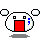 Pixelated character with white rounded body, red rectangular mouth, black square eyes, blue exclamation marks on right side, and floating white bubbles.