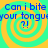 Blue text reading "Can i bite your tongue?!" repeats four times over a yellow and cyan spiral background with no visible animation changes.