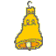 Yellow bell-shaped ornament with green and orange details, hanging from a hook, shown in four static poses against gray background.