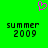 Green background with pink pixelated heart icon above two identical text blocks reading 'summer 2009' in black pixelated font.