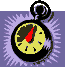 Animated pocket watch with red second hand moving clockwise across yellow face, black casing, purple radiating background, and black winding knob.