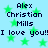 Light blue background with green stars and repeated text 'Alex Christian Mills I love you!!' in dark blue pixelated font.