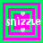 A pixelated animation of the word 'snizzle' in white text over a pink and green layered square background with four small white hearts.