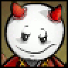 Pixelated cartoon cat face with red ears and a wide smile on a brown background, rendered in low-resolution 256x256 pixels.