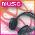 Animated sequence of six showing headphones on a pink-and-orange striped background with changing text labels