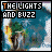 Animated icon with 'THE LIGHTS AND BUZZ' text above a pixelated figure against blue and yellow background, showing color changes in the text.