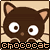 Pixelated brown cat face with large white eyes and pink inner ears, displaying two eye states beneath 'chococat' text on beige background.