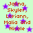 Light green background with purple stars and repeated red text listing names.