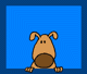 Animated cartoon dog with brown body and pink tongue against blue background, showing sequential mouth movements from closed to open.