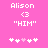 Pink background with white text and symbols; two identical static frames side-by-side showing 'Alison', '<3', 'HIM', and five heart symbols with one pink heart.