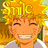 Pixelated anime character with spiky yellow hair and closed eyes smiling broadly on a solid yellow background.