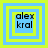 Four square display the text 'alex kral' in black pixelated font over layered blue and yellow borders, with varying border thicknesses across each