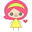 Pixel art character with pink hair and yellow dress holding a red heart, shown in two poses with one leg lifted.