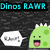 Pixelated green dinosaur with white spikes and pink tongue speaks 'Rawr!' in a speech bubble, surrounded by colorful pixelated dinosaurs on white background.