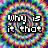 Pixelated text on a rainbow spiral background with one gray