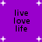 Purple background with white star shapes and repeated text 'live love life' in black pixelated font arranged in a pattern
