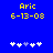 Blue background with yellow text 'Aric' and '6-13-08' above a of five white and light blue pixelated shapes