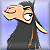 Pixelated character with large orange hand extended, wearing dark robe, white eye, and brown accents on a light blue background.