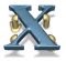 Blue X-shaped object with golden circular accents arranged around its arms on a white background.