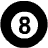 Animated contact sheet of 18 frames showing a Magic 8-Ball icon with changing text inside the triangle, surrounded by static black-and-white 8-ball icons on a white background.