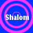 Four identical circular icons with pink concentric rings on blue background, each displaying "Shalom" text in white.