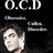 A black background displays repeated white text "O.C.D" with a partial face image, showing a person with dark hair and light skin in a static pose.