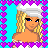 Pixel art contact sheet showing a blonde cartoon character in various poses with heart border and text elements on cyan background.