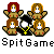Pixel art of five cartoon characters in a 2x3 grid with one character centered, below which is pixelated text reading "SpitGame".