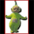 A pixelated green figure with a single horn stands against a white background, arms outstretched, wearing a full-body green suit with darker green accents.