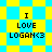 Pixelated text "I LOVE LOGAN<3" on a yellow and cyan checkered background with two distinct pattern variations.