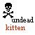 Pixel art icon featuring a black skull and crossbones above red text reading 'kitten' with grayish-black 'undead' text between them on white background.