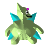 Pixelated green creature with cyan accents, purple eye patch, and black mouth, standing against gray background.