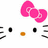 A static pixel art image featuring a pink bow at the top center, two black circular eyes, and a small orange square below the eyes on a white background.