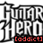 Pixelated black-and-white text "Guitar Hero" with red "[addict]" text below, displayed in a of four identical